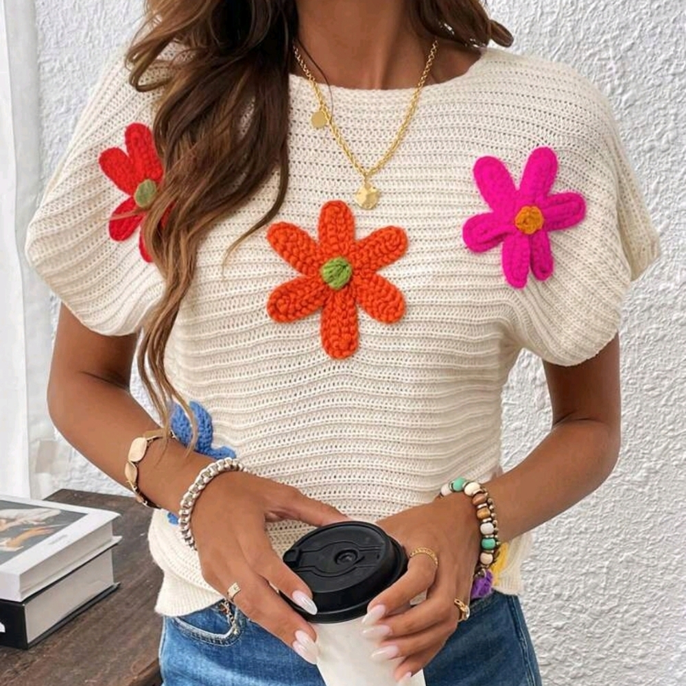 Colorful 3D Sweater Floral Casual Summer Top For Women - Picture 5 of 12